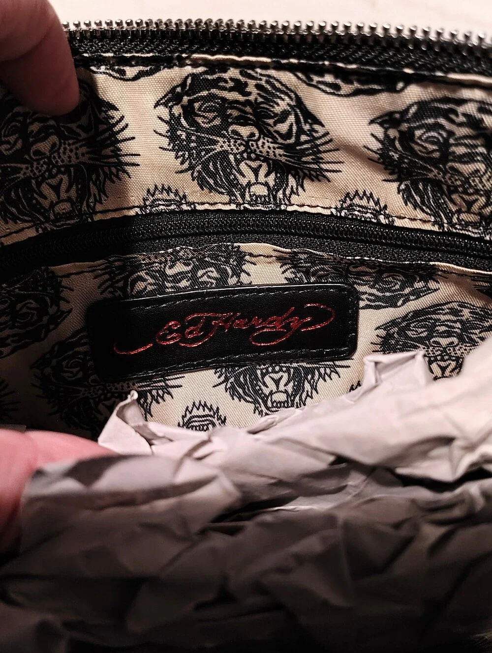 Ed Hardy Grunge Black Bikercore Tiger Skull Heart Studded Chain Crossbody Bag